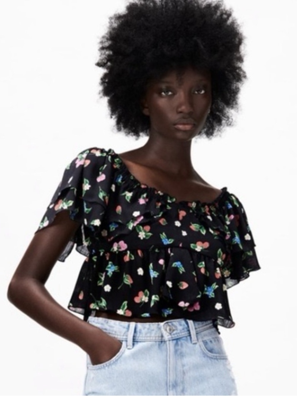 Zara black ruffle crop top with strawberry, raspberry and flower top. Size L